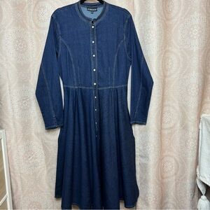 Pyramid Collection Long Sleeve Denim Midi A-Line Dress Cotton Snap Button Sz 12